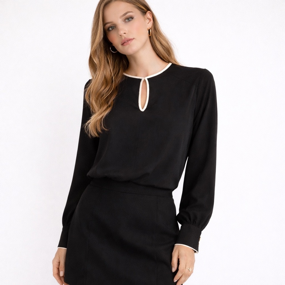 Scoop NYC 100% Silk Keyhole Blouse Black Ivory Trim Y2K Minimalist Size S